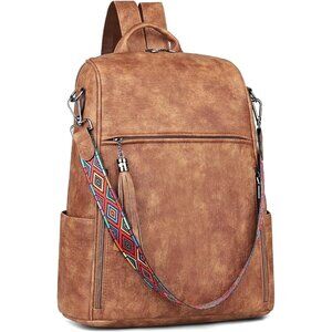 Women's Brown Retro Style Backpack Designer 15.6 inch PU Leather Laptop Bags